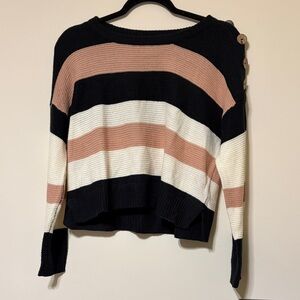 Striped Black, Pink, and White Sweater with Button Shoulder Detail